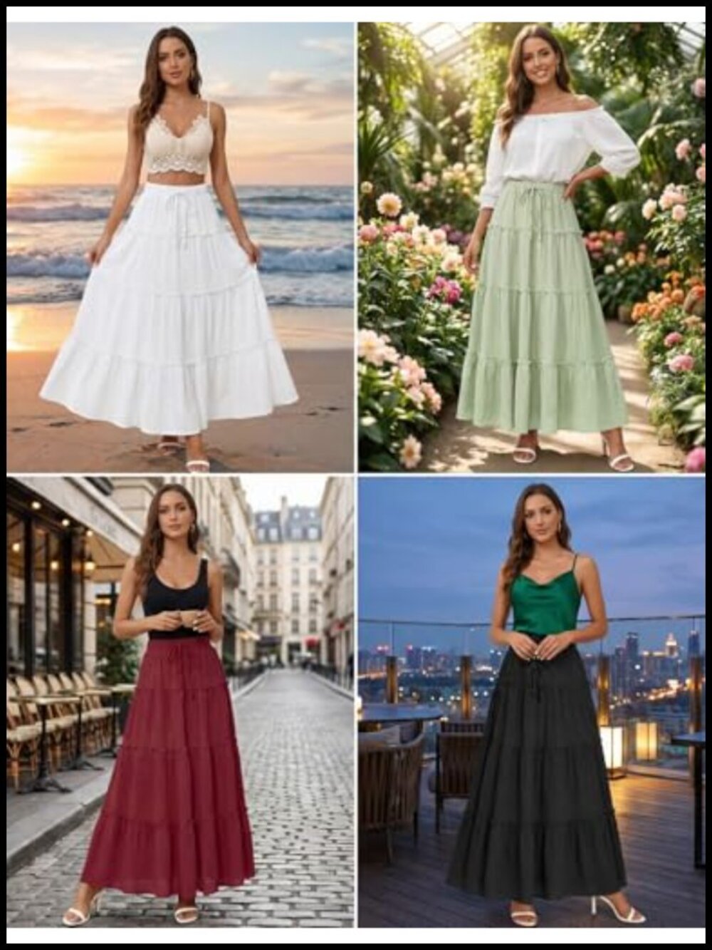 Flowy Tiered Ruffle A-Line Maxi Skirt High Waisted Boho Beach Vacation Long - Picture 5 of 6